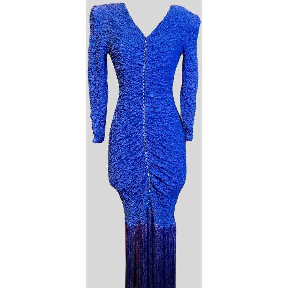 Vintage Body Con Fringe Cocktail Evening Dress Legends Judy Berger Royal Blue Sm